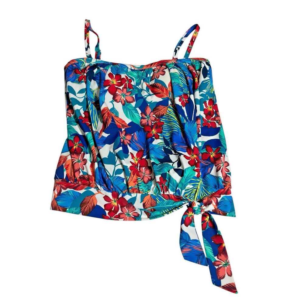 Womens Tropical Floral Blouson Tankini Banded Side-Tie Swim Top 12 Boho Beachy